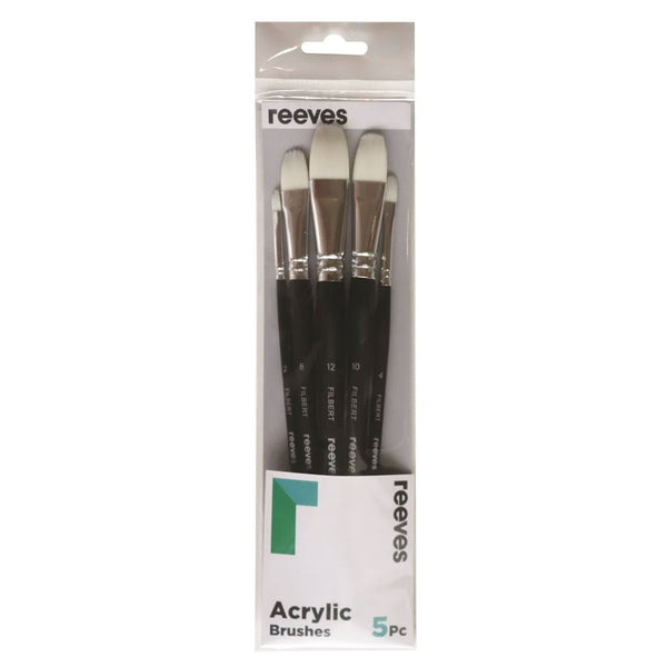 Reeves Acrylic Brushes Short Handle Set of 5 - No. 2 ,4, 8, 10 & 12 Filbert