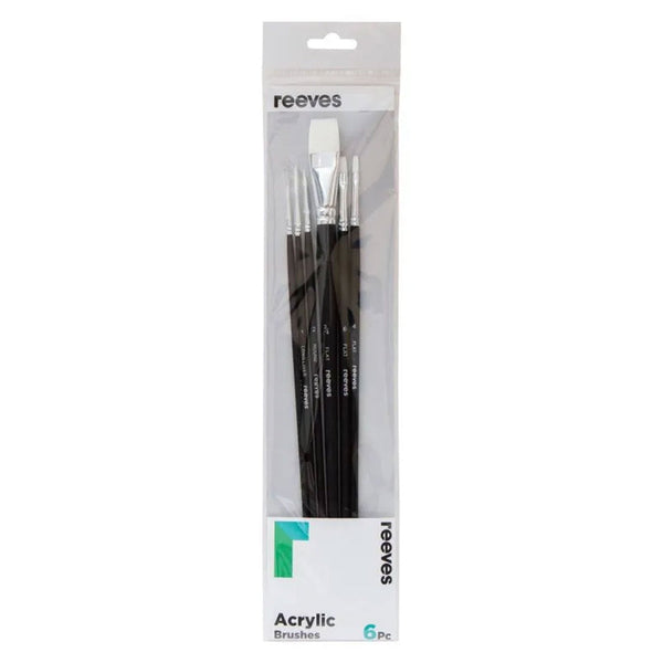 Reeves Acrylic Brushes Long Handle Set of 6 - No. 4,  6 & 3/4 Flat; No. 3/0 & 2 Round; No. 1 Long Liner