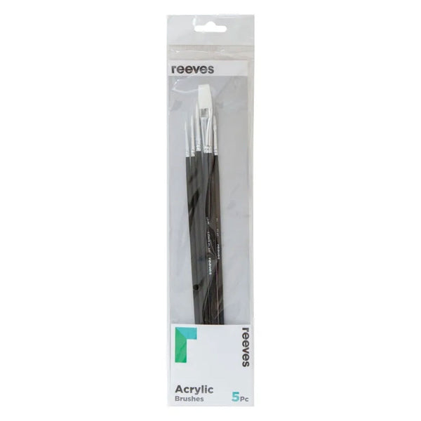 Reeves Acrylic Brushes Long Handle Set of 5 - No. 5/8 Long Flat; No. 1, 3 & 5 Round; No. 2 Flat*