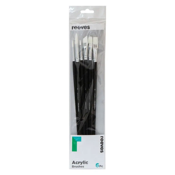 Reeves Acrylic Brushes Long Handle Set of 6 - No. 6 & 12 Round; No. 6 & 10 Flat; No. 8 Filbert; No. 1/2 Angle