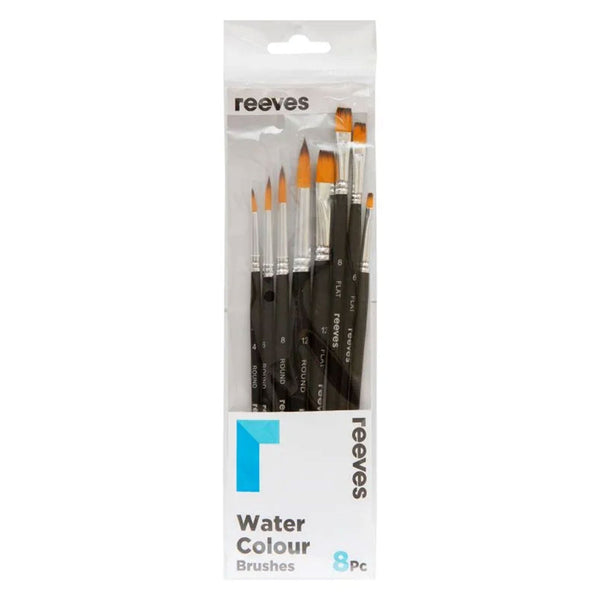 Reeves Water Colour Brushes Short Handle Set of 8 - No. 2, 6, 8, & 12 Round; No. 4, 6, 8 & 12 Flat