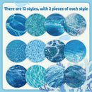 Set of 12 circular blue patterned stickers with text indicating styles and quantity.