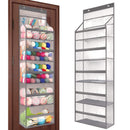 Over-the-door shoe organizer with colorful shoes on the left and a clear hanging shelf on the right.