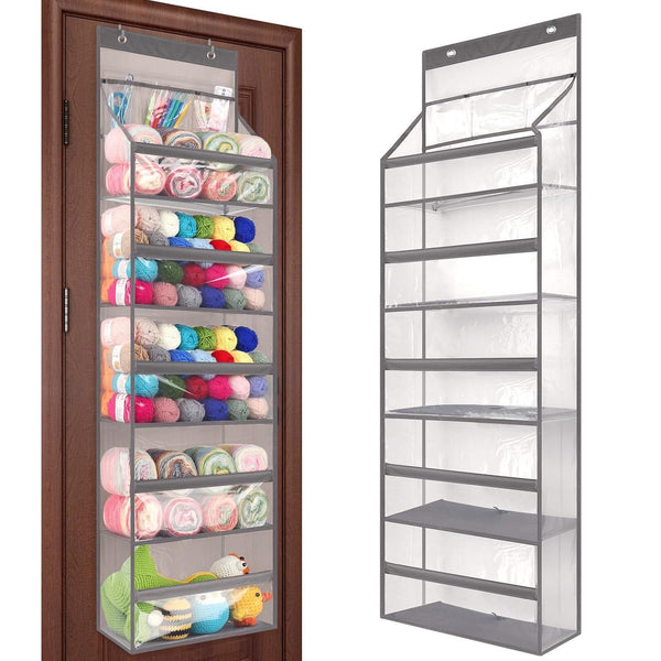Over-the-door shoe organizer with colorful shoes on the left and a clear hanging shelf on the right.