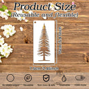 Tree-shaped stencil on a wooden surface with product size and features displayed.