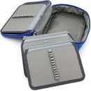 Gray and blue travel organizer with compartments on a white background