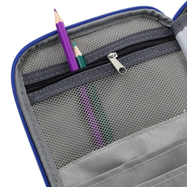 Gray pouch with a zipper and mesh pocket containing a purple pencil and green eraser.