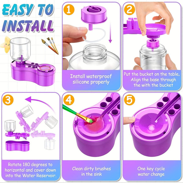 Step-by-step guide on how to install and use a purple water bottle cleaning device.