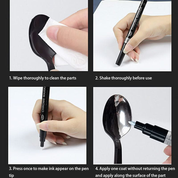 Step-by-step guide on using a chrome marker with close-up shots of hands and objects.
