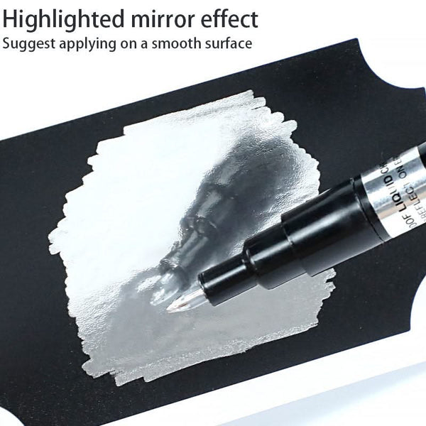 Black marker applying a mirror effect on a white surface with text guidance.