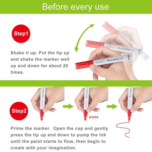 Instructions for using a marker with text and images of hands shaking and priming the marker.