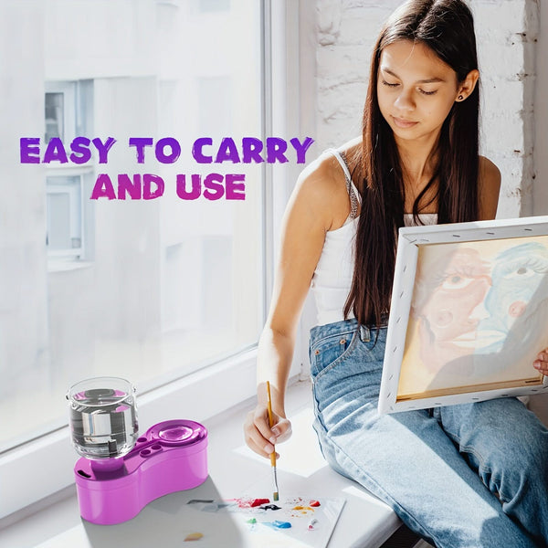Woman sitting by a window with art supplies, including a purple container and paint palette.