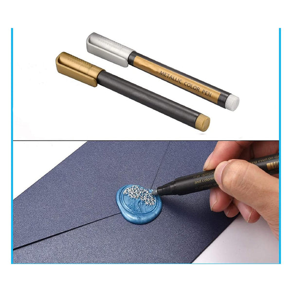 Metallic color pen with a hand applying a blue wax seal on a piece of paper.