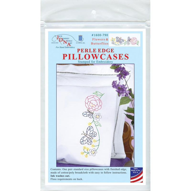 Jack Dempsey Stamped Pillowcases W/White Perle Edge 2/Pkg Flowers & Butterflies