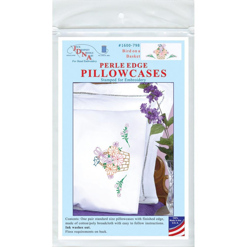 Jack Dempsey Stamped Pillowcases W/White Perle Edge 2/Pkg Bird On A Basket