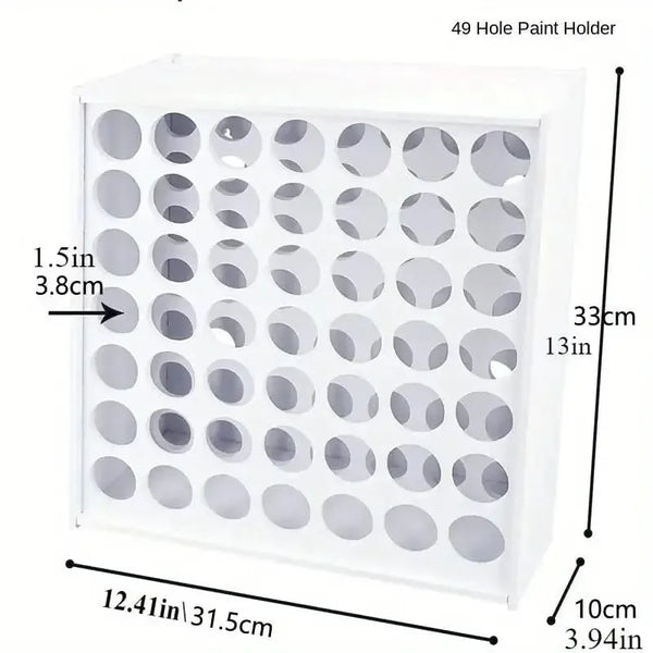 49-hole paint holder with measurements on a white background