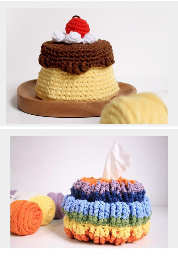 Crocheted cake-shaped tissue holder with a wooden base and colorful yarn.
