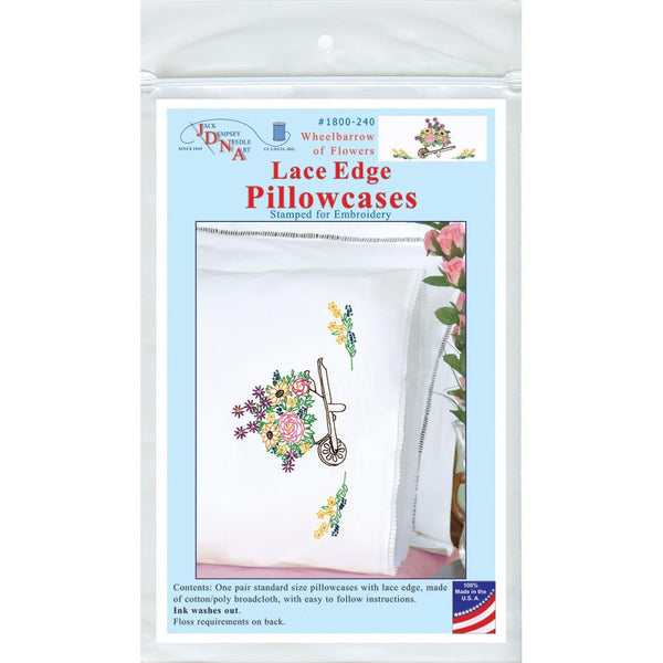 Jack Dempsey Stamped Pillowcases W/White Lace Edge 2/Pkg Wheelbarrow Of Flowers