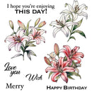 Floral design with lilies and birthday wishes on a white background