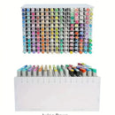 Set of colorful markers in a white holder on a white background