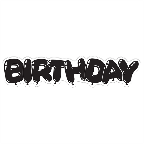 Black 'BIRTHDAY' text with balloon shapes on a white background