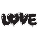 Black balloon-shaped letters spelling 'LOVE' on a white background