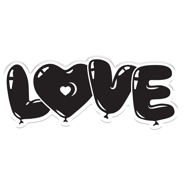 Black balloon-shaped letters spelling 'LOVE' on a white background