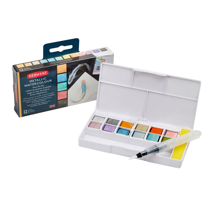 Derwent Metallic Paint Pan Set - 12 Half Pans + Waterbrush