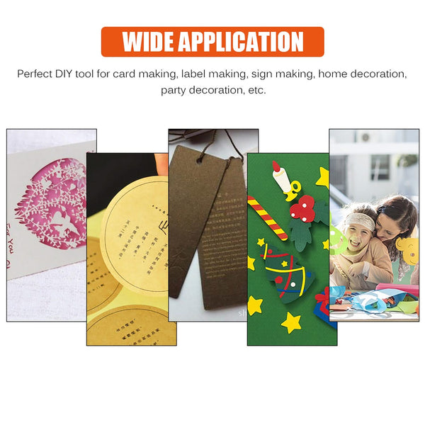 Collage of various DIY projects with text about wide application for card making, label making, etc.