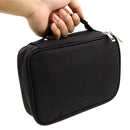 Black travel case held by a hand on a white background