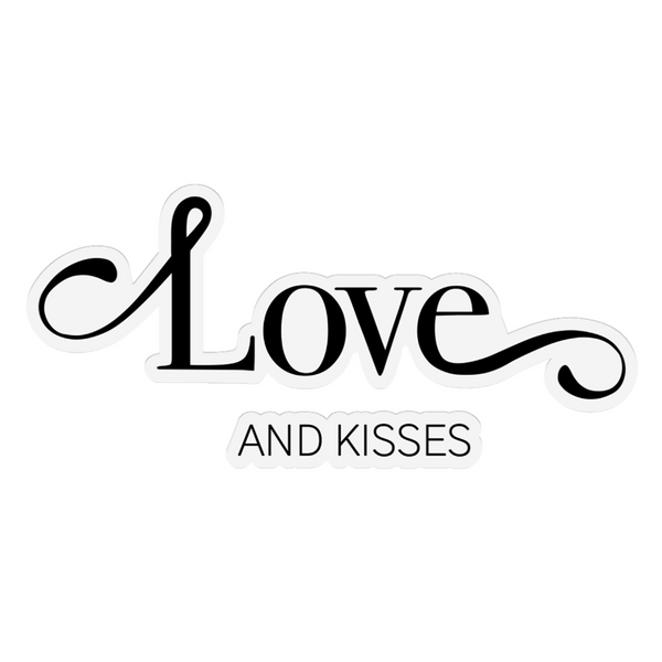 Decorative text 'Love AND KISSES' in black on a white background