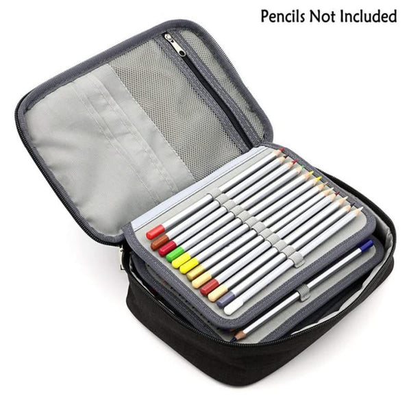 Pencil case with colored pencils inside on a white background