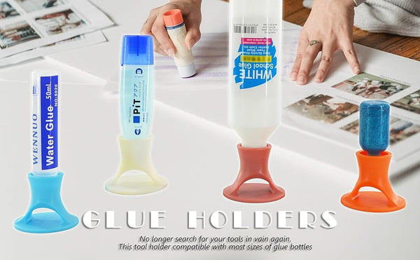 Glue holders with glue bottles on a table