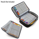 Gray pencil case with colorful pencils on a white background