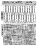 Tim Holtz Stampers Anonymous - Mesh & Linen packaging showing the Mesh & Linen cling rubber stamp set design
