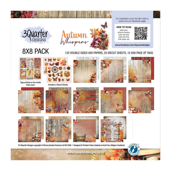 3Quarter Designs Autumn Whispers 8x8 pack packaging with various design samples.