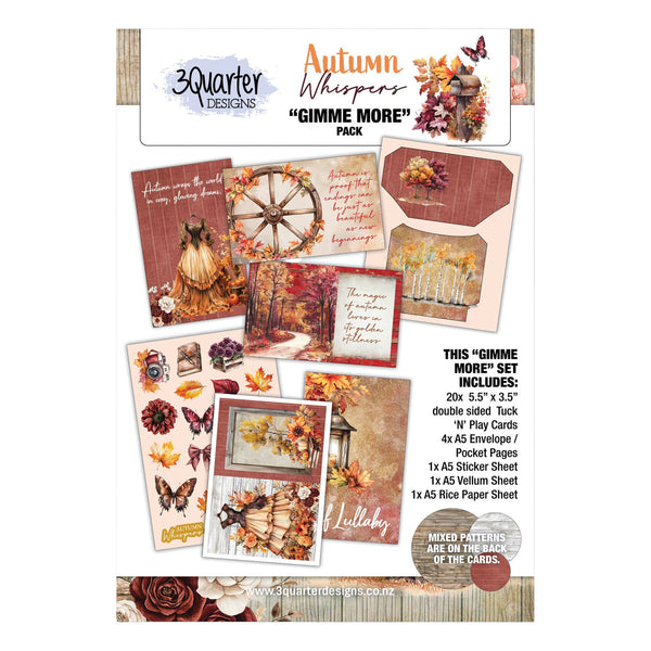 Autumn-themed product packaging with cards and stationery items on a white background.