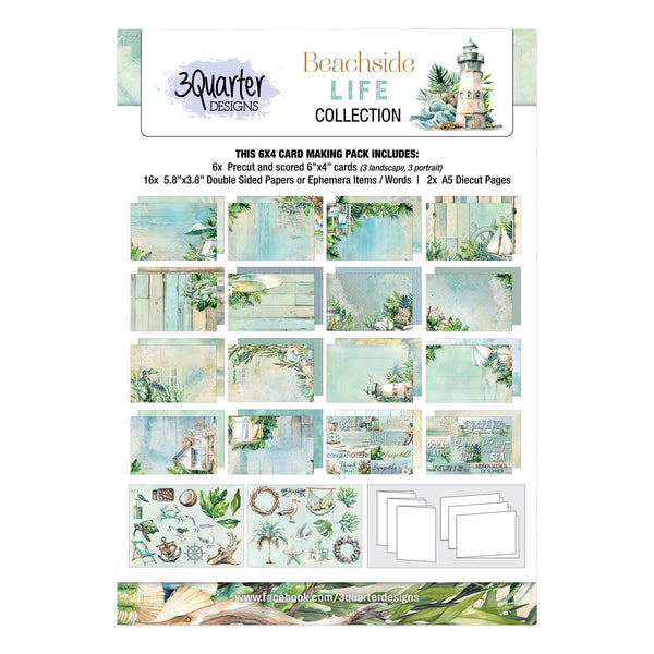 Card making pack with beach-themed designs and '3Quarter Designs' branding.