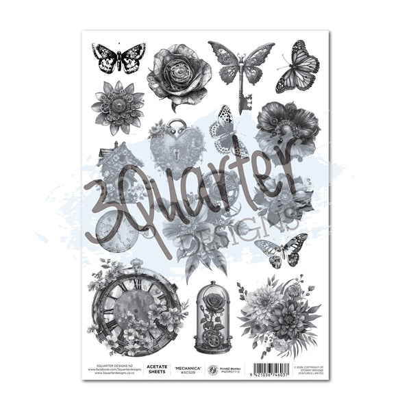 Sheet of decorative stamps with floral and butterfly designs on a white background.