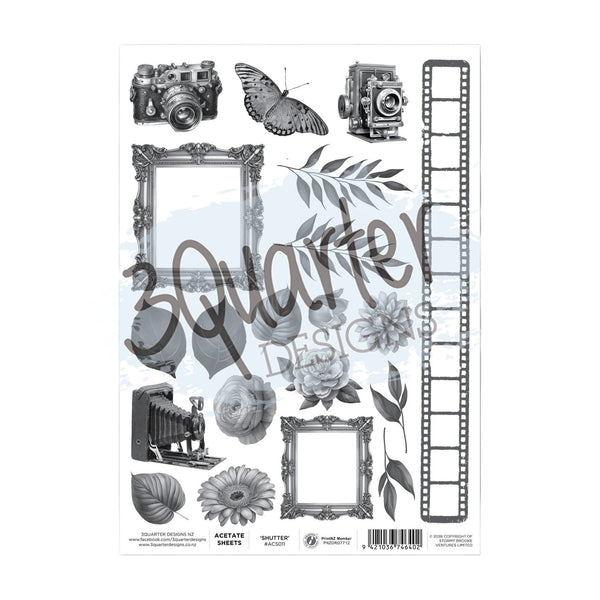 Sheet of decorative elements with vintage cameras, frames, flowers, and a butterfly on a white background.