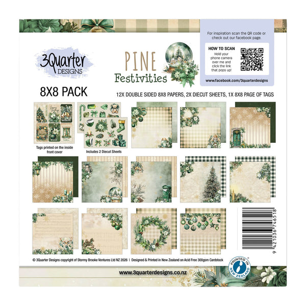Packaging of 3Quarter Designs Pine Festivities 8x8 paper pack with various designs.