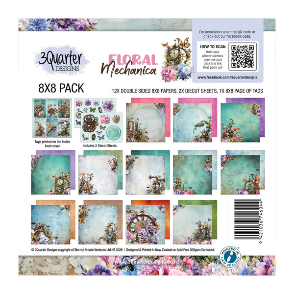 Packaging of 3Quarter Designs Floral Mechanica 8x8 paper pack with various floral and mechanical designs.