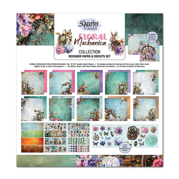 Floral Mechanica collection by 3Quarter Designs with paper and die-cut sets on a white background.