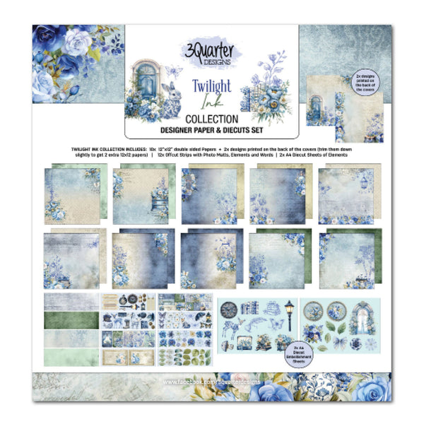 Designer paper and diecuts set with blue floral and architectural elements, featuring '3Quarter Design' branding.