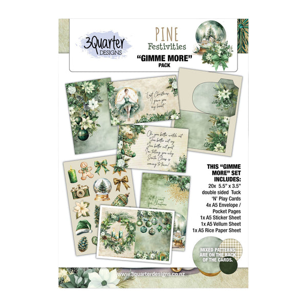 Product packaging for 'Gimme More' set by 3Quarter Designs with festive cards and stickers.