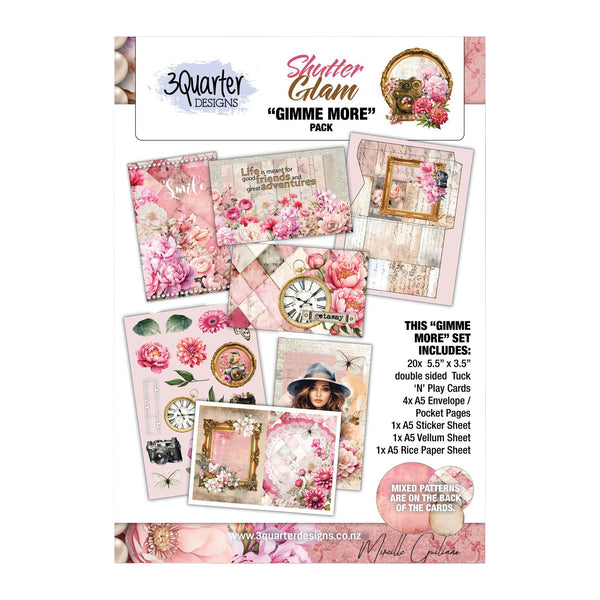 Product packaging for 'Gimme More' set by 3Quarter Designs with floral and vintage design elements.