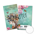 Two notebooks with artistic covers featuring floral designs and text on a white background.