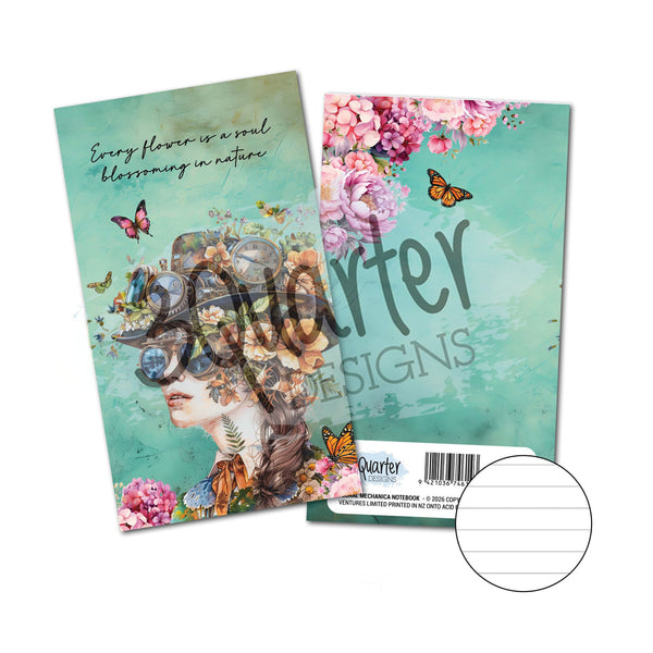 Two notebooks with artistic covers featuring floral designs and text on a white background.