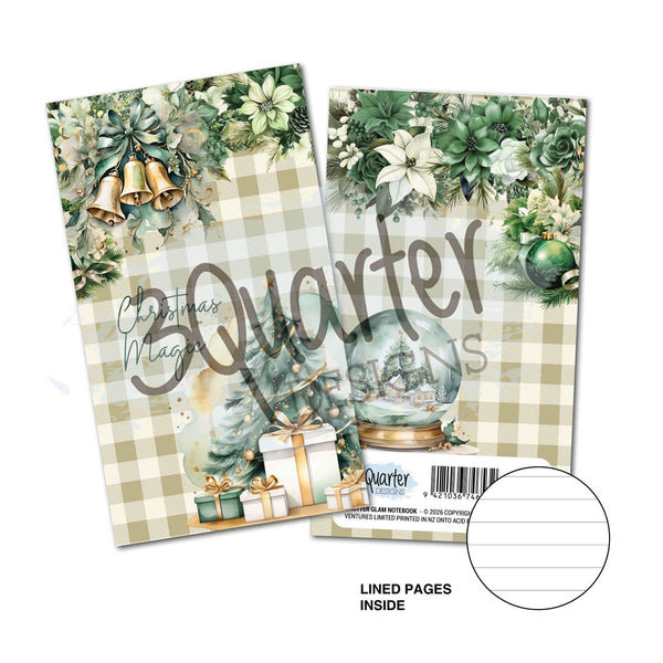 Two notebook covers with Christmas-themed designs featuring trees, presents, and snow globes on a white background.
