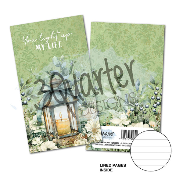 Two green notebooks with floral designs and text on a white background